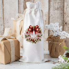Load image into Gallery viewer, White drawstring bag with  holly wreath design
